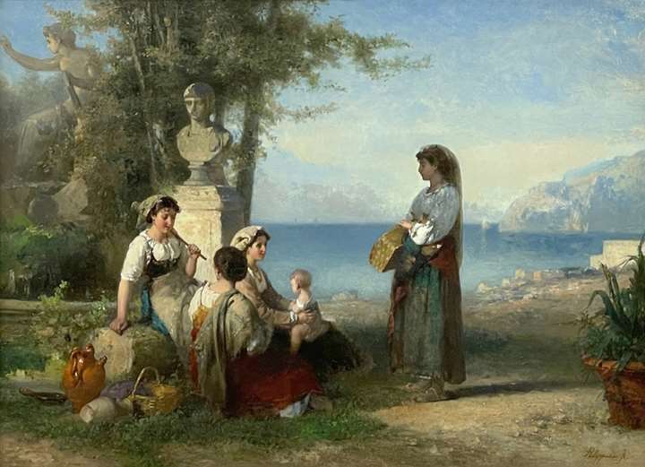 “A figure group in repose before a Mediterranean landscape”